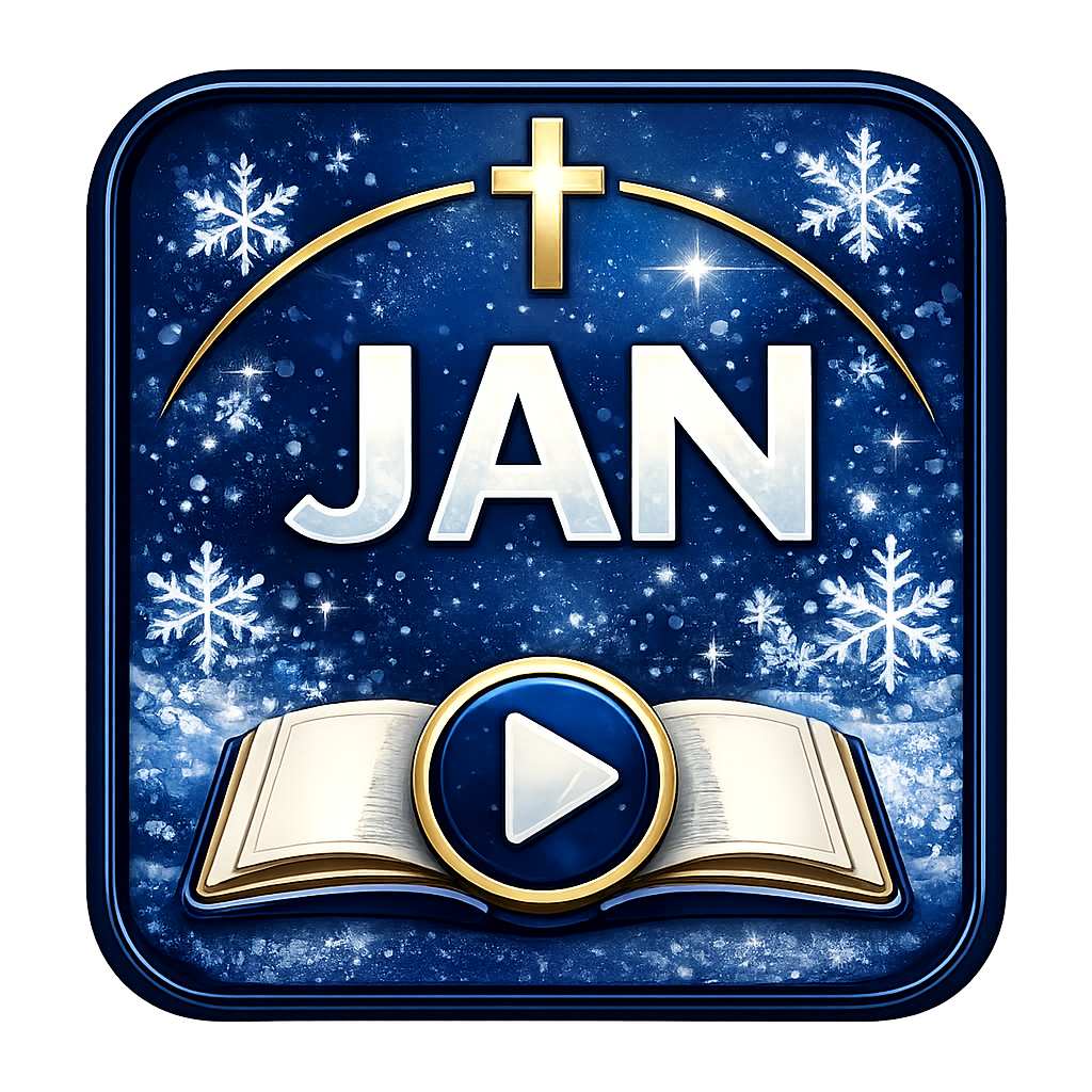 January calendar icon with a 'play' button on a book and winter snowflakes.