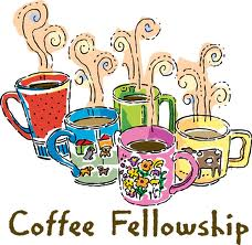Multiple colorful coffee mugs with steaming coffee, arranged in a row, with a label that says "Coffee Fellowship" below.