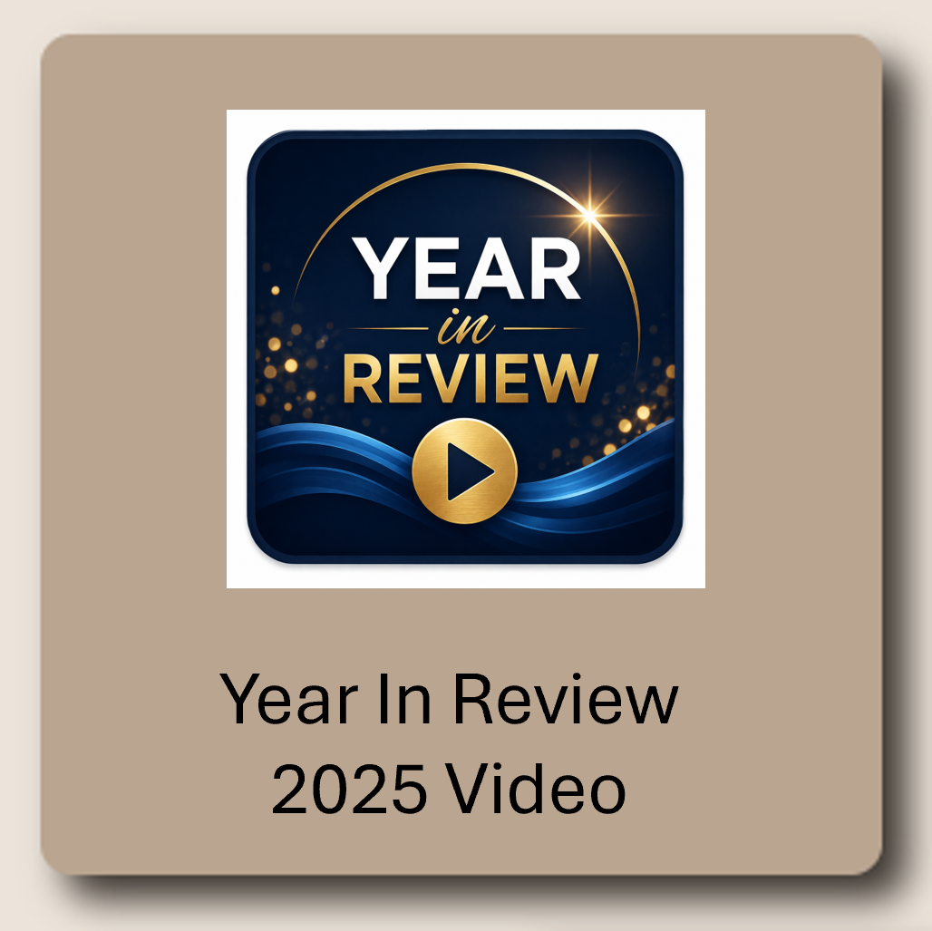 Thumbnail for a 2025 video titled 'Year in Review,' featuring a dark blue background with gold accents, a play button, and animated sparkles.