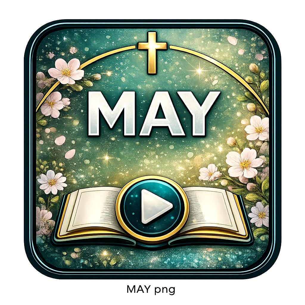App icon for May with flowers, an open Bible, a play button, and a cross at the top, set against a starry green background.