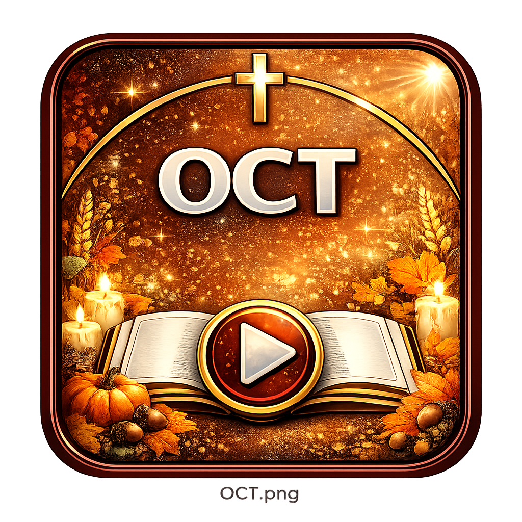 An app icon for October with a glowing autumn background, candles, pumpkins, and a religious cross, featuring a play button in the center.