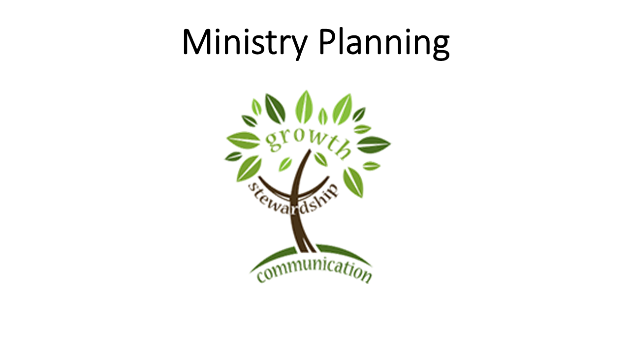 Logo with a tree and green leaves, with the words growth, stewardship, and communication on its branches and roots, symbolizing ministry planning.