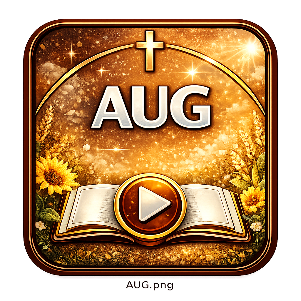Calendar app icon displaying August with a cross at the top, a play button in the center, an open bible, sunflower, and wheat illustrations, and a golden starry background.