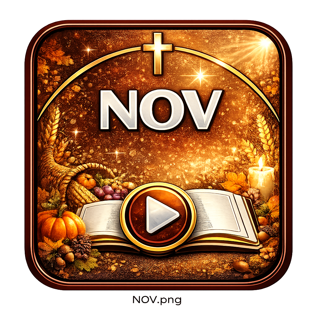 A decorative icon for November featuring an open book, pumpkins, grapes, a candle, wheat, and a glowing background with sparkles and a cross at the top.