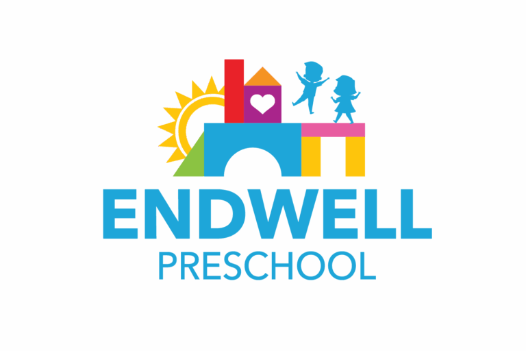 A colorful logo for Endwell Preschool featuring illustrations of a sun, building blocks, and children playing