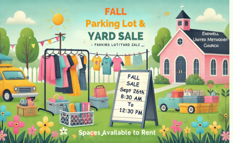 Illustration of a fall parking lot and yard sale with clothes hanging on a line, picnic baskets, and boxes of items, with a church in the background and flowers in the foreground. Sign indicates sale on September 26th from 8:30 AM to 12:30 PM, and text states spaces available to rent.
