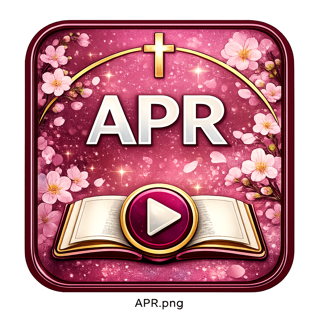 Digital illustration of a pink background with cherry blossoms and stars, featuring a white calendar that reads "APR" with a golden cross at the top and a large play button at the bottom on an open book.