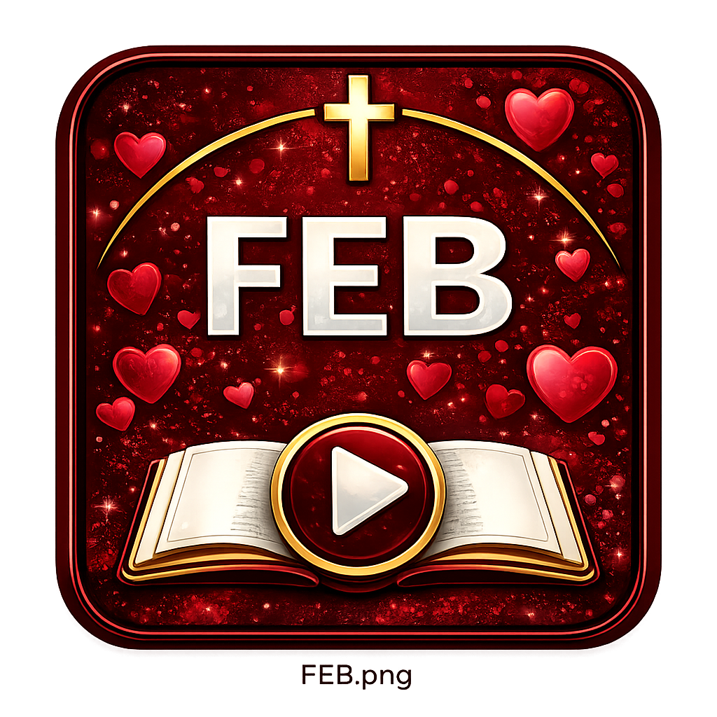 App icon for February featuring a gold cross at the top, the text 'FEB' in white, surrounded by red hearts and sparkling effects, with an open book and a play button at the bottom.