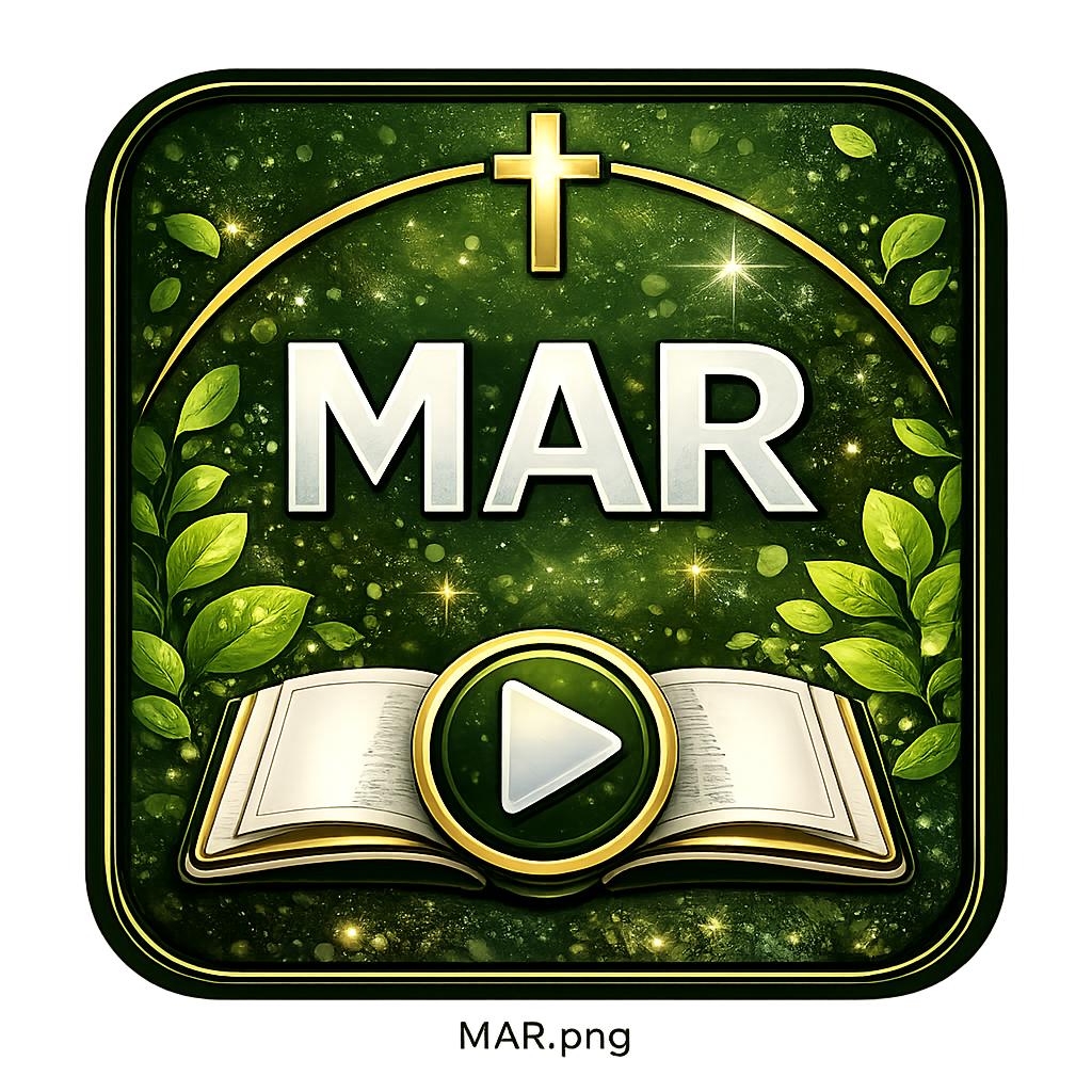 A green-themed app icon with a gold cross at the top, large white text reading 'MAR', a gold-bordered play button in the center, and an open Bible at the bottom, surrounded by leaves and sparkling light effects.