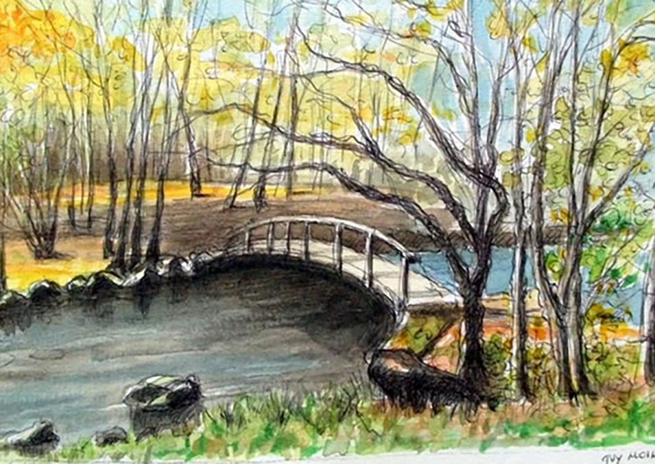 A watercolor painting of a peaceful park scene with a small arched bridge over a creek, surrounded by trees with yellow, green, and orange leaves, and some rocks near the water's edge.