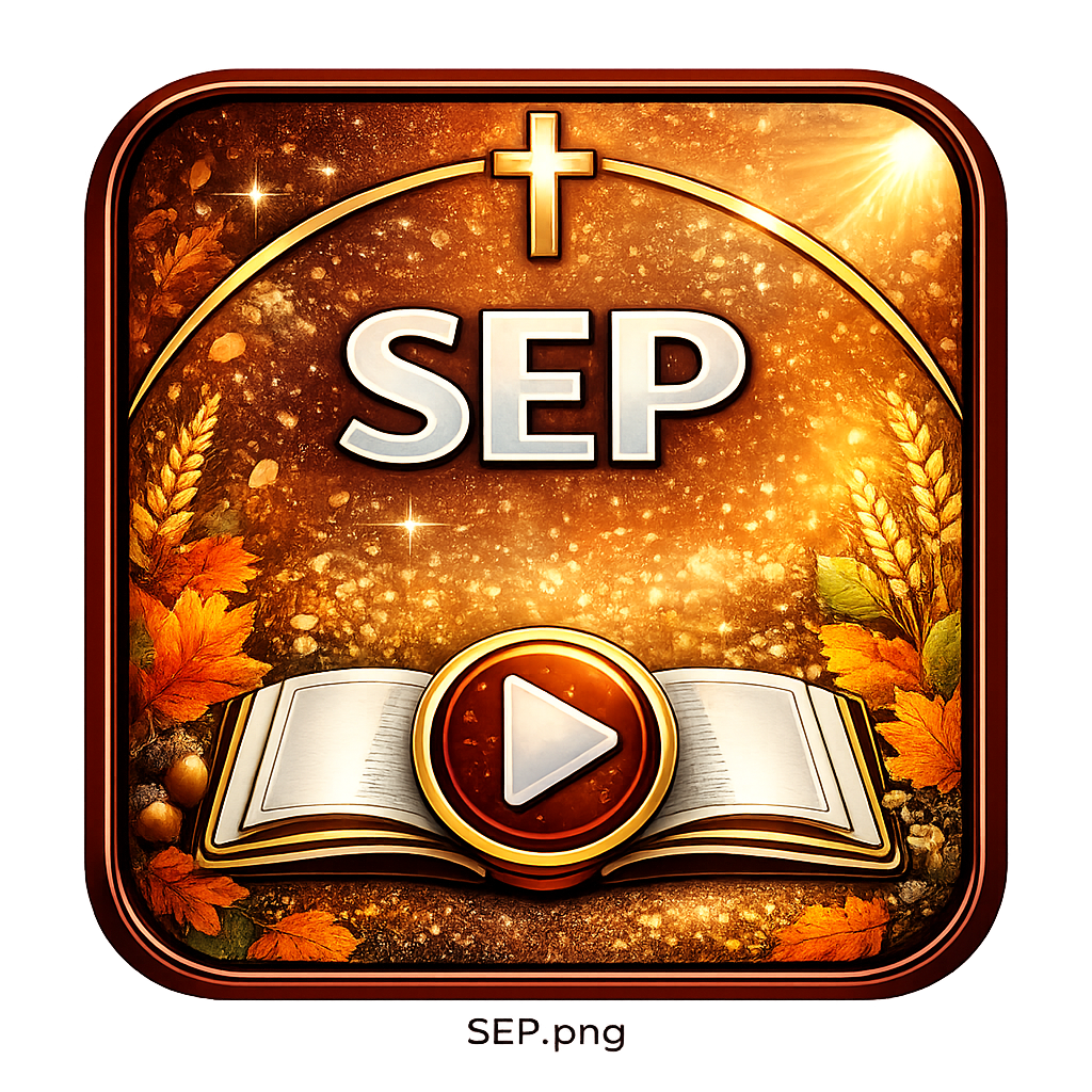 A religious-themed app icon featuring a cross at the top, the text 'SEP' in the center, with a glowing, starry background, an open book, and a play button in the middle.
