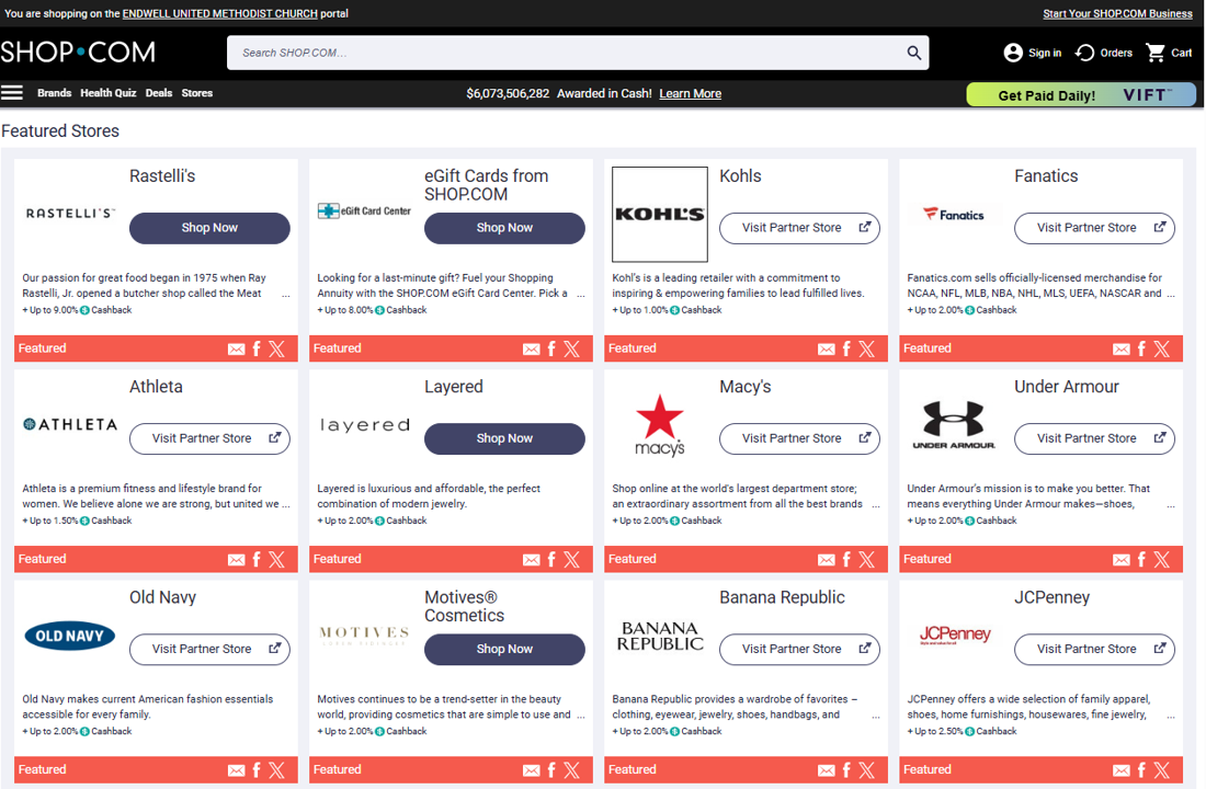Screenshot of an online shopping website featuring various stores including Rastelli's, Kohl's, Fanatics, Athleta, Layered, Macy's, Under Armour, Old Navy, Motives Cosmetics, Banana Republic, and JCPenney, with store logos, descriptions, and shopping options.
