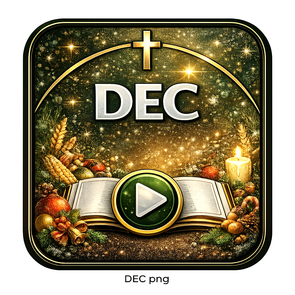 Christmas-themed digital icon featuring a gold cross at the top, the text 'DEC' in the center, an open book at the bottom with Christmas decorations, pine branches, and a lit candle, all set against a starry background.