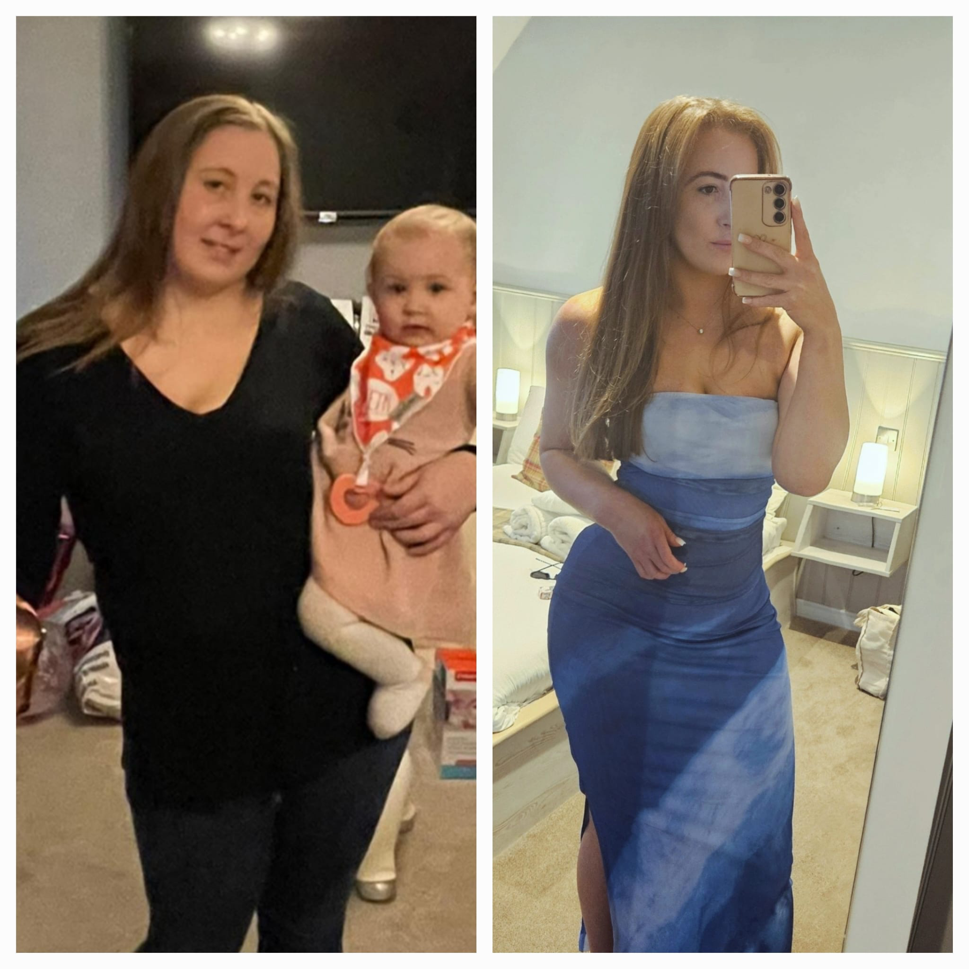 Side-by-side comparison of a woman. The left photo shows her holding a child in a black dress with long hair, in a dimly lit room. The right photo shows her taking a selfie in a mirror, wearing a blue dress with long hair, in a brightly lit room.