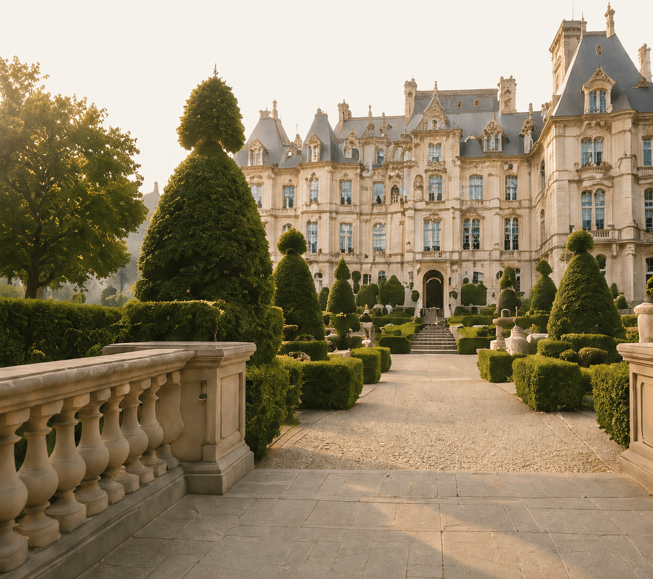 A grand European-style palace with ornate architecture and numerous windows, surrounded by manicured gardens and topiary bushes, with stairs leading up to the entrance under a warm, golden sunlight.