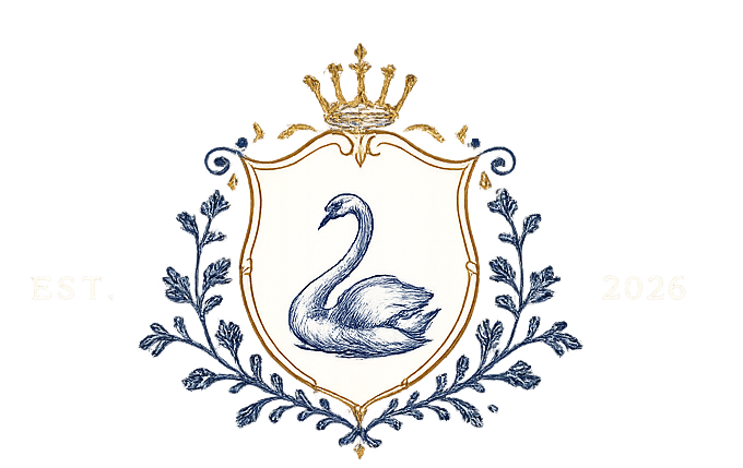 A decorative emblem featuring a swan in the center of a shield with a crown above, surrounded by laurel branches, with 'EST' on the left and '2026' on the right.