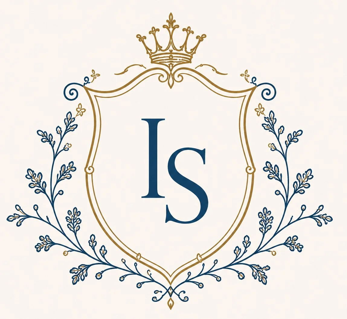 Elegant crest with a crown at the top, decorative foliage on either side, and the initials 'Is' in the center.