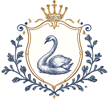A heraldic shield with a swan inside, topped with a gold crown, surrounded by blue leaves.