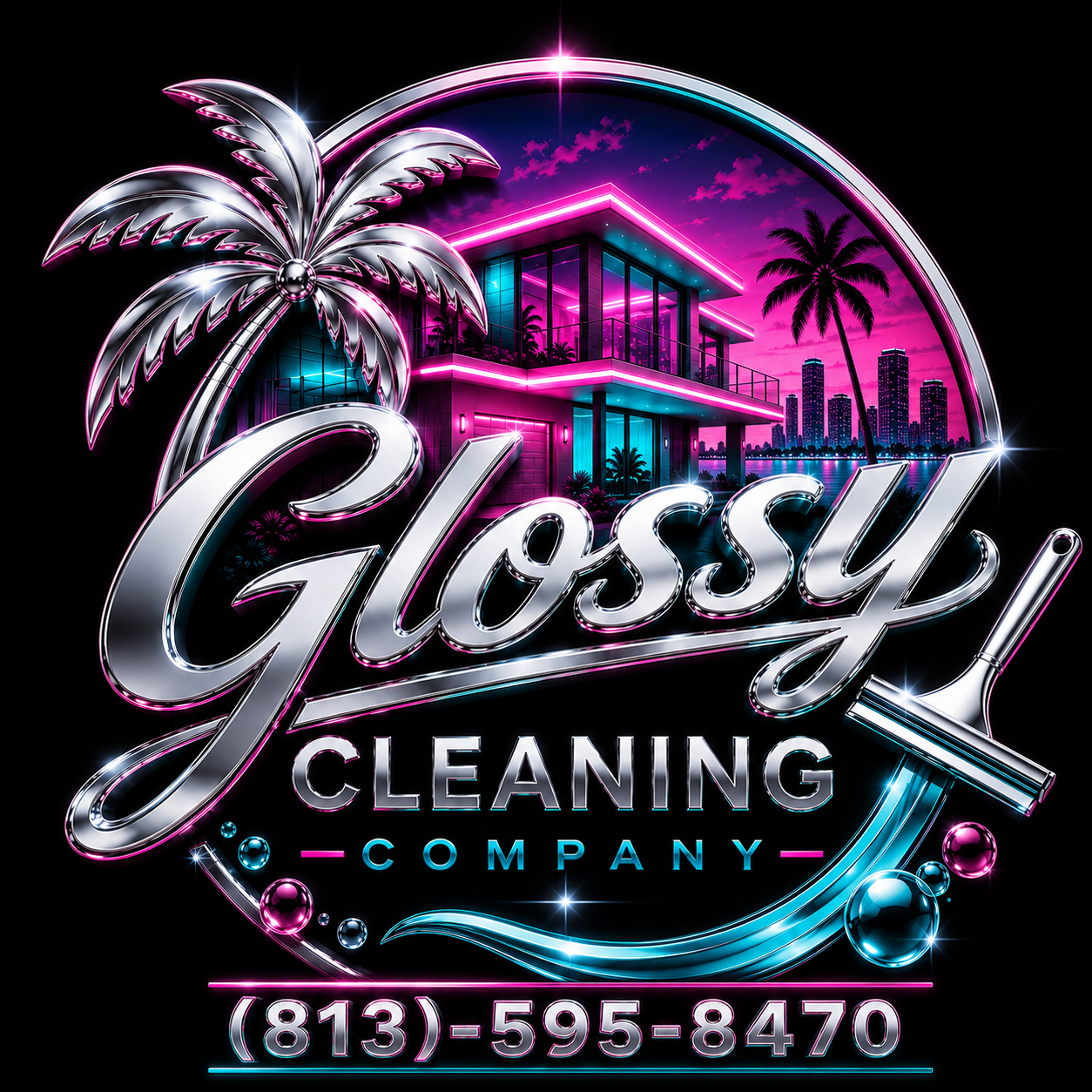 Neon glow logo for Glossy Cleaning Company with a modern house, palm trees, and city skyline in the background, along with a phone number.