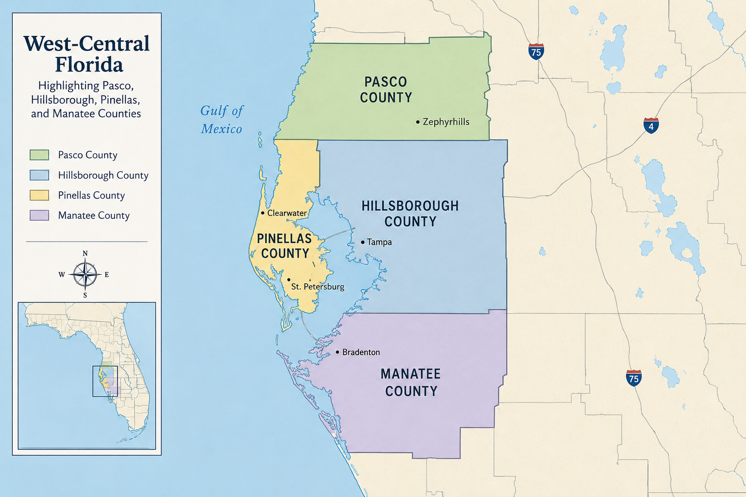 Map of West-Central Florida highlighting Pasco County in green, Hillsborough County in blue, Pinellas County in yellow, and Manatee County in purple, with key cities marked, showing counties' borders and nearby bodies of water.
