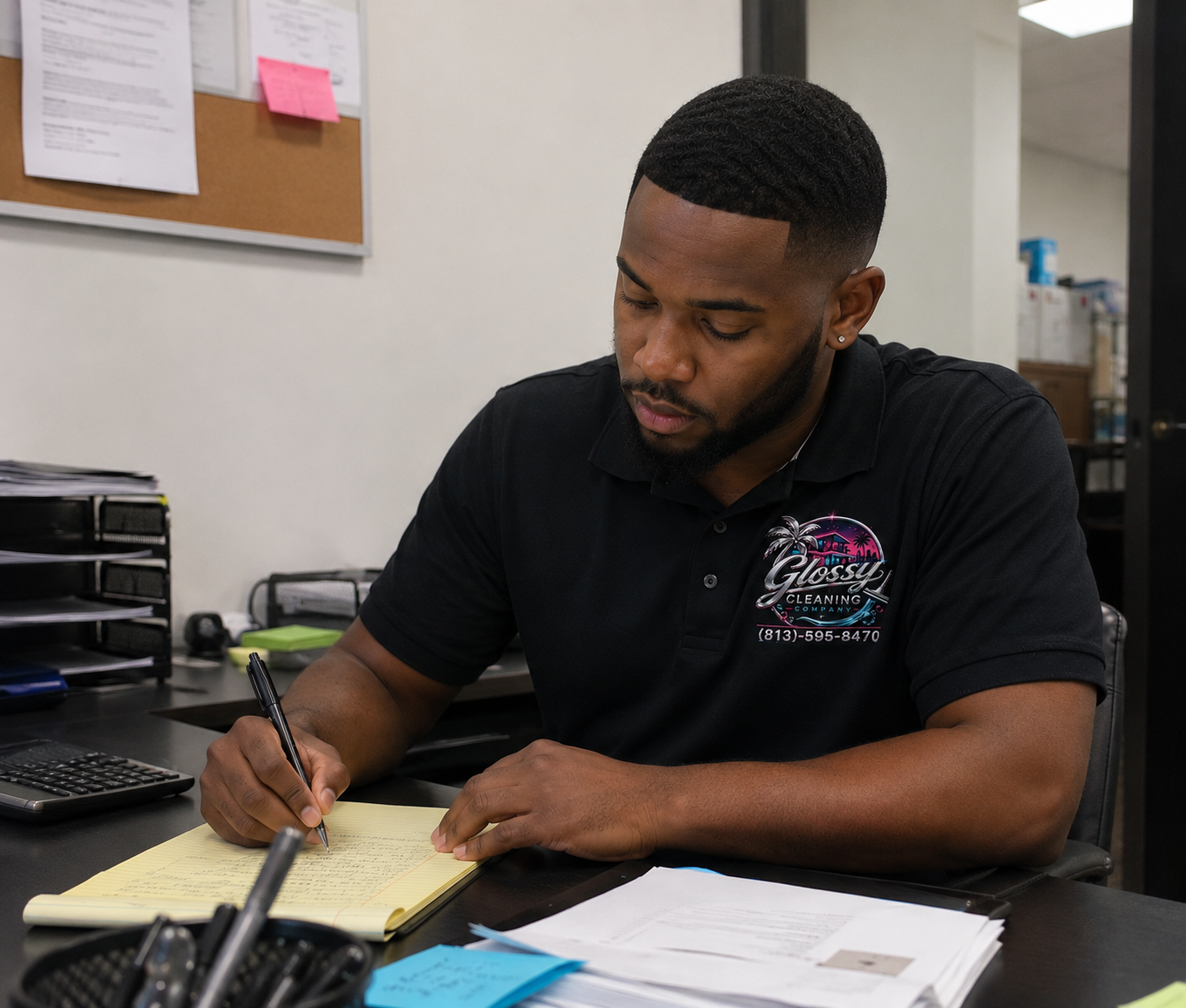 A man with a beard and earrings, wearing a black polo shirt with a colorful logo, writing in a yellow notepad at an office desk surrounded by papers and office supplies.