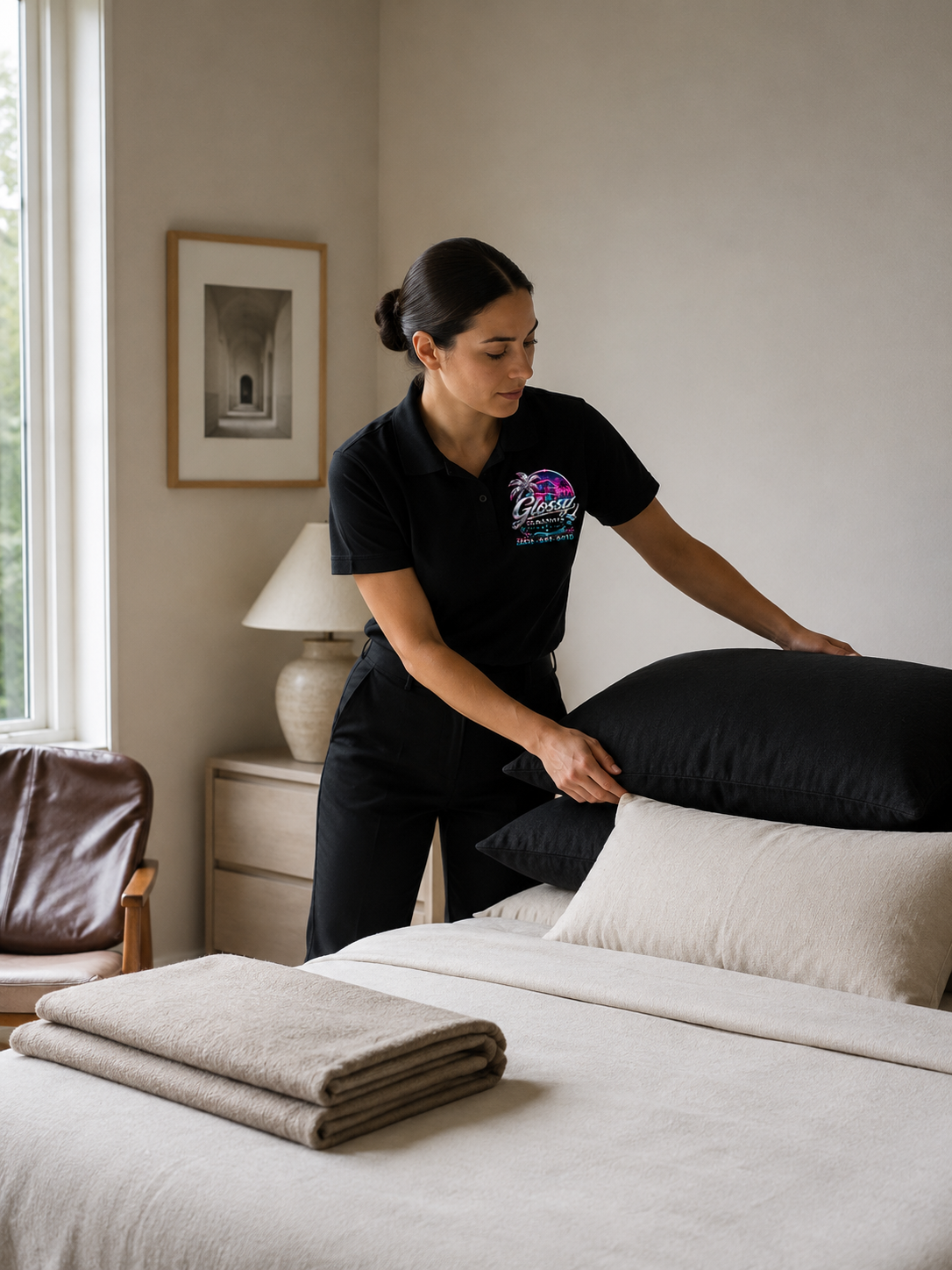 A woman making a bed in a bedroom, placing a black pillow on top of a beige pillow.