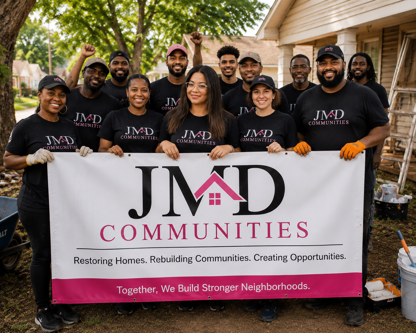 Group of diverse volunteers holding a JMD Communities banner outdoors, smiling, wearing black shirts and gloves, in front of a house with yard work tools nearby, participating in community service activities.