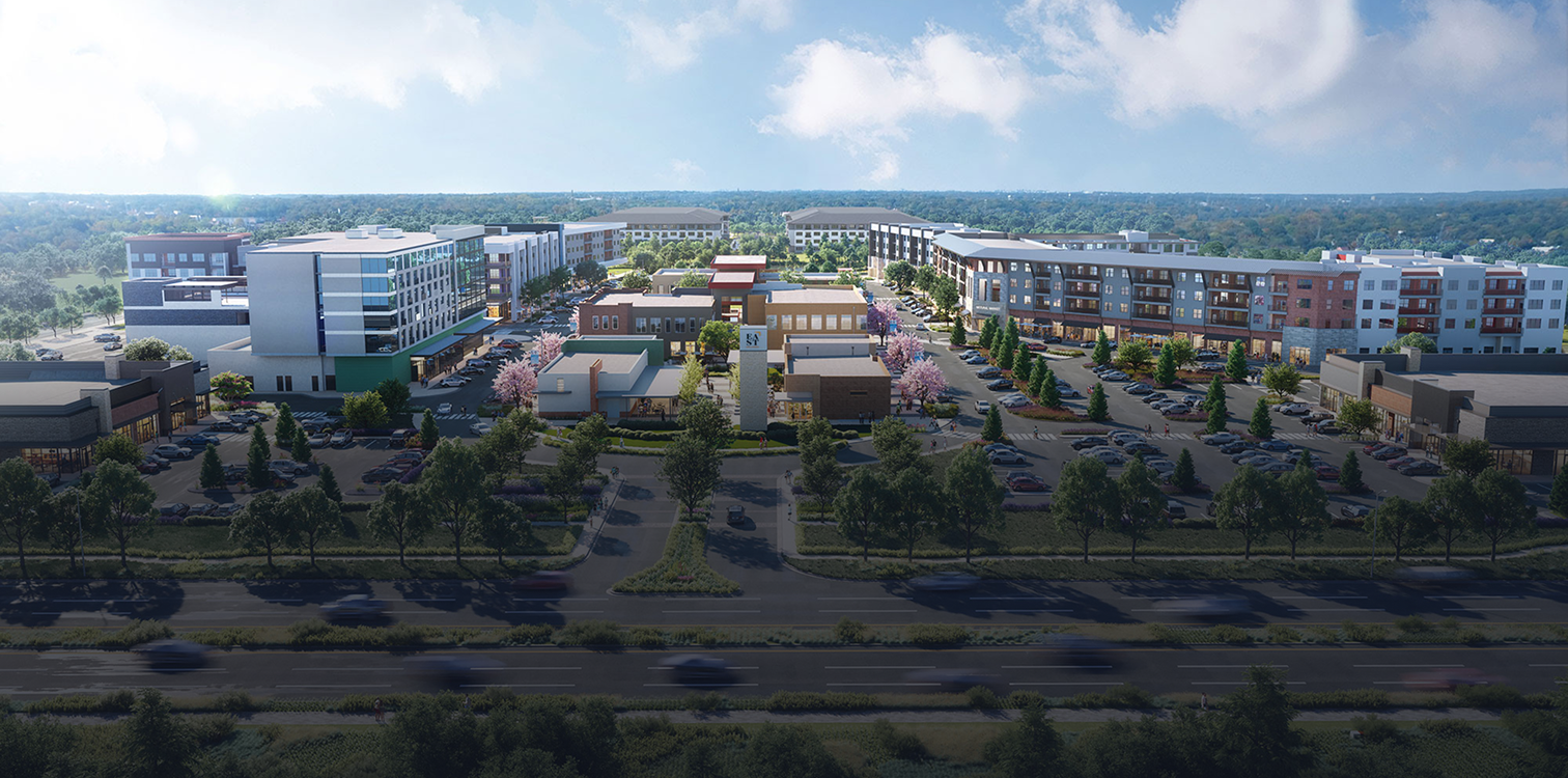 A digital rendering of a modern mixed-use development with retail shops and residential apartments, featuring parking lots, landscaped greenery, and trees along a main road, under a partly cloudy sky.