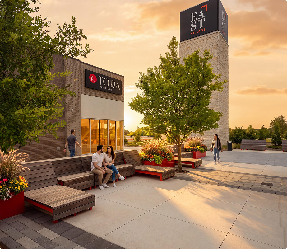 Outdoor shopping area during sunset with a large sign that reads "EAST VILLAGE" on a tall stone tower, people sitting on wooden benches, and others walking nearby, surrounded by trees and planters with flowers.