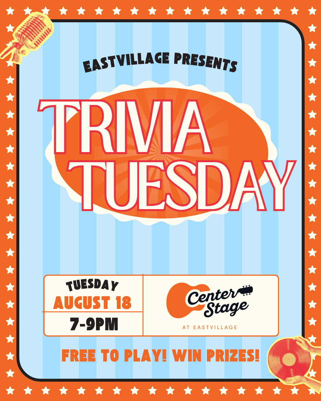 Event poster for trivia Tuesday at EastVillage, featuring a large orange microphone and guitar, with details for August 18 from 7 to 9 PM, noting free to play and prizes.