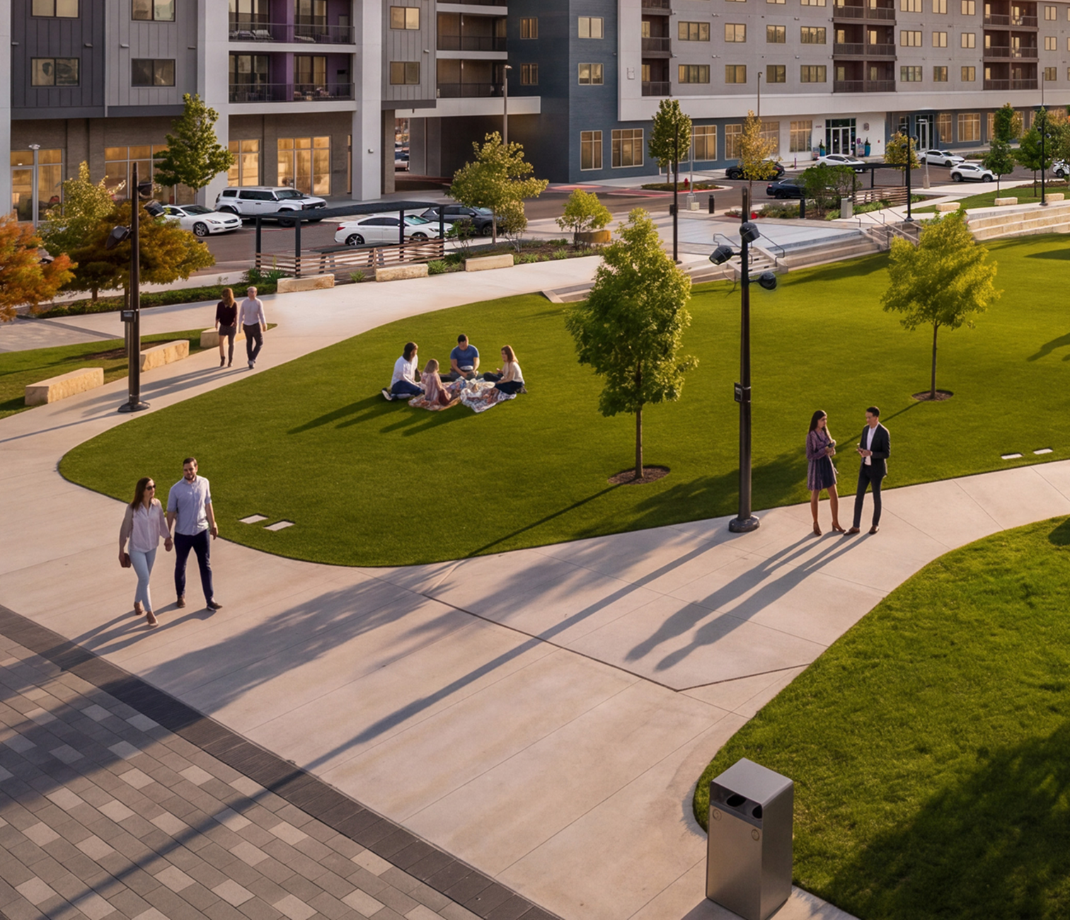 People enjoying a relaxing moment in a city park with green grass and trees, while others walk along paved sidewalks near modern apartment buildings, during late afternoon or early evening.