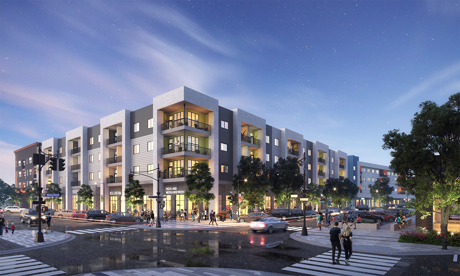 Nighttime rendering of a modern multi-story apartment building with retail shops on the ground floor, located at a busy city intersection with cars, pedestrians, crosswalks, and streetlights.