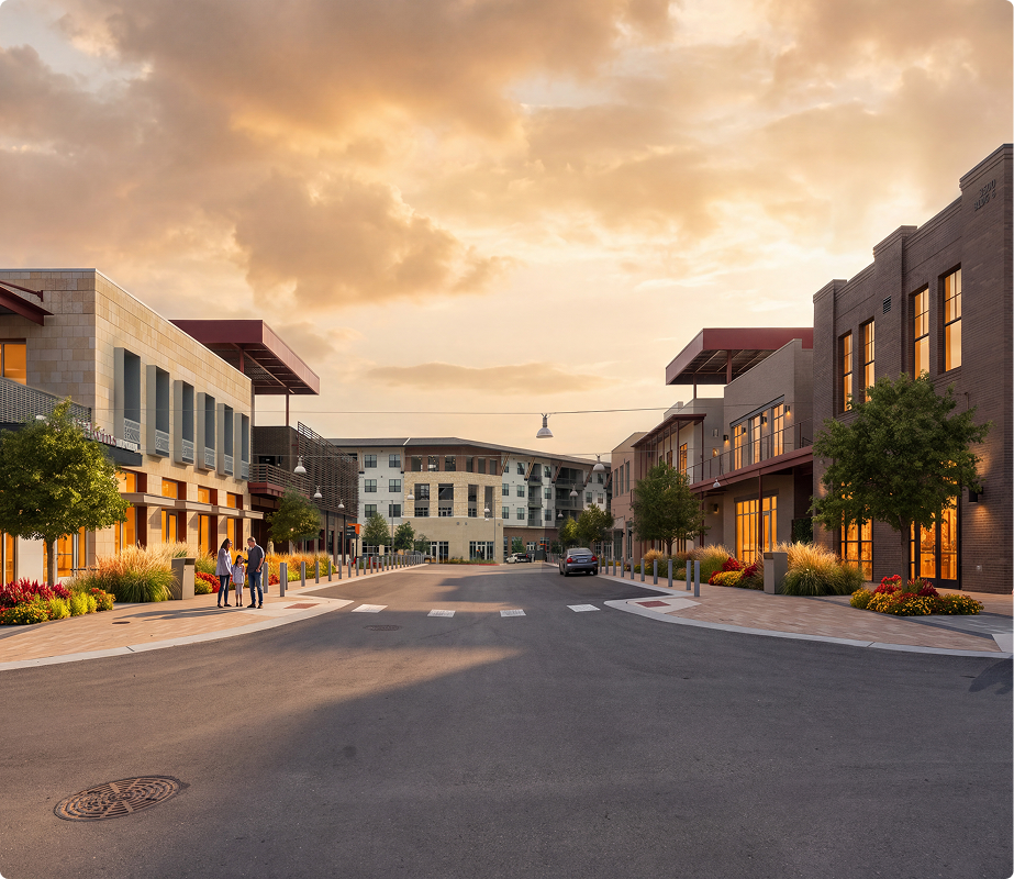 Modern residential street with multi-story buildings, trees, landscaping, and a few people walking, during sunset.