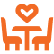 Orange abstract illustration of a person sitting at a desk with a laptop