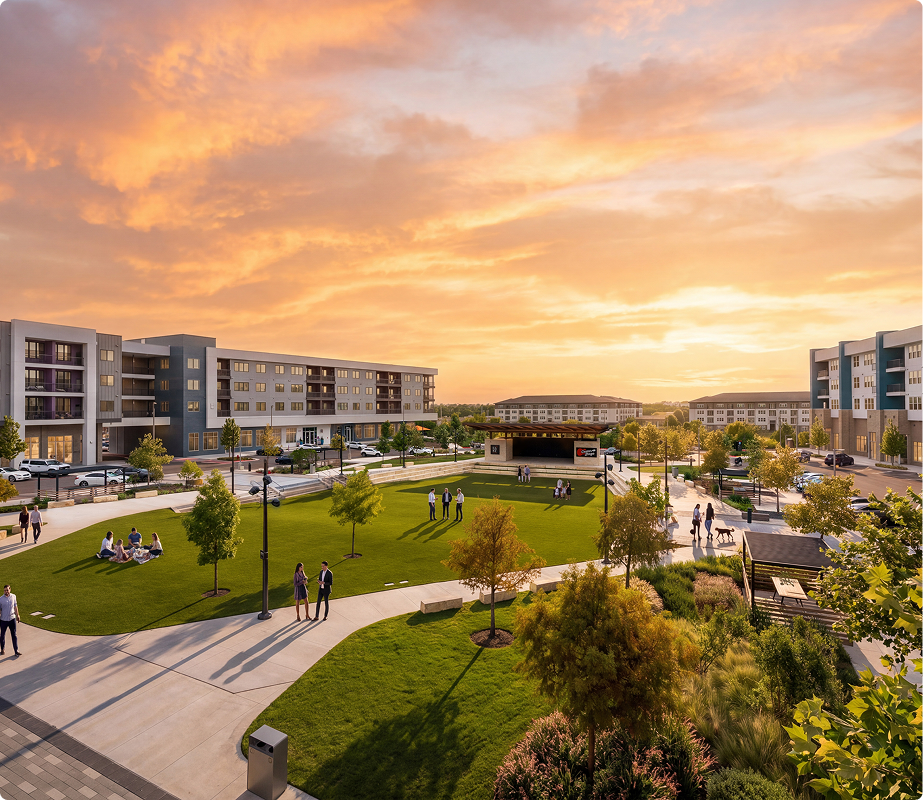 A modern residential complex with multi-story apartment buildings surrounding a landscaped courtyard at sunset. The courtyard features green lawns, trees, walking paths, a stage, and people relaxing and socializing.