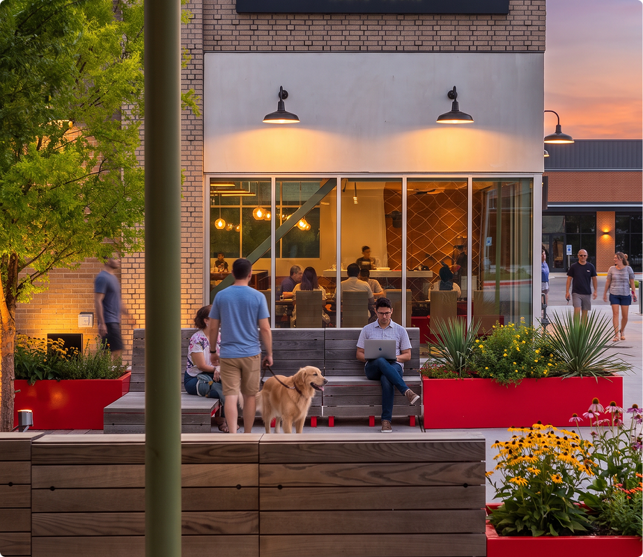 People sitting and walking outside a modern cafe or restaurant with large glass windows, surrounded by planters with flowers, during sunset.