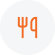 Orange fork and spoon icon on a white circular background.