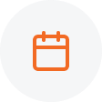 Icon of a calendar in orange on a gray circular background.