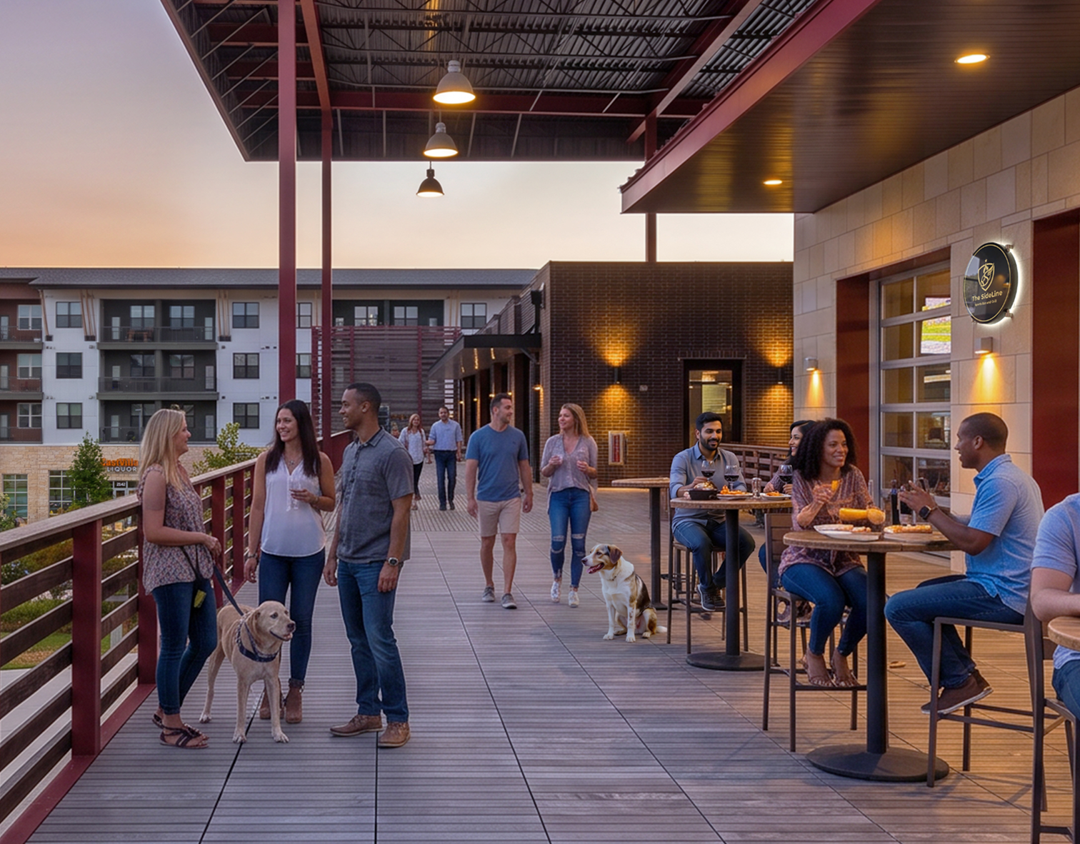 People socializing on an outdoor rooftop patio during sunset, some sitting at tables and others chatting with dogs nearby.