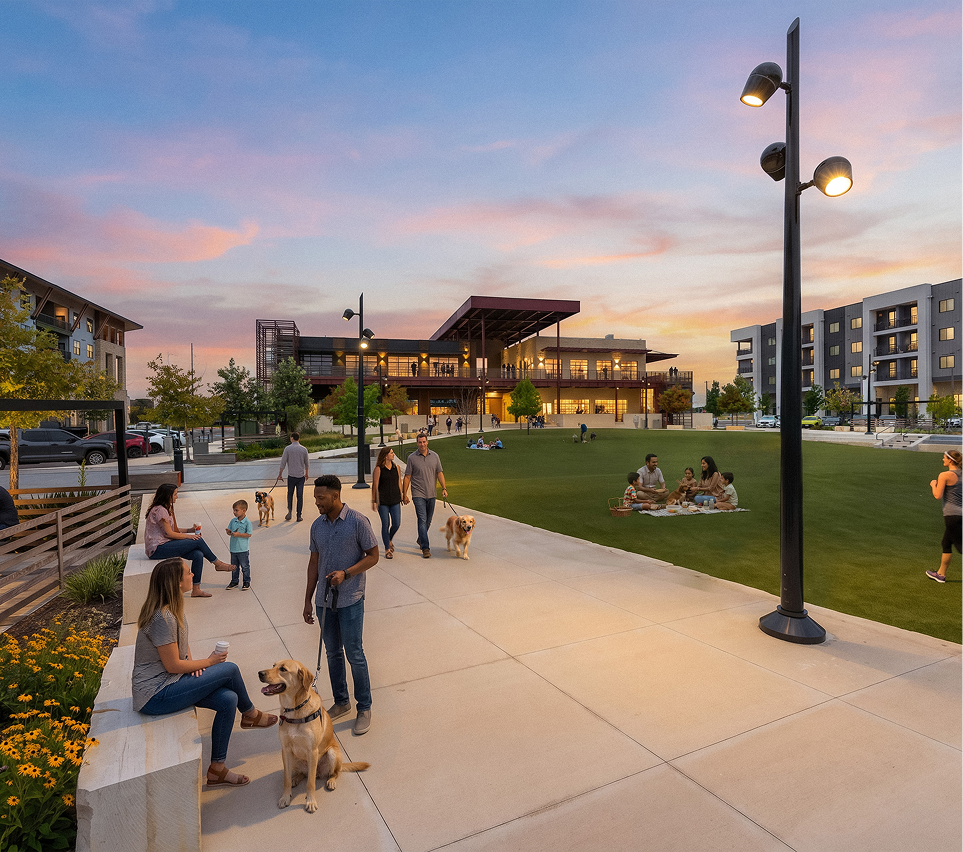 Village Green at EastVillage with residents enjoying the outdoor space