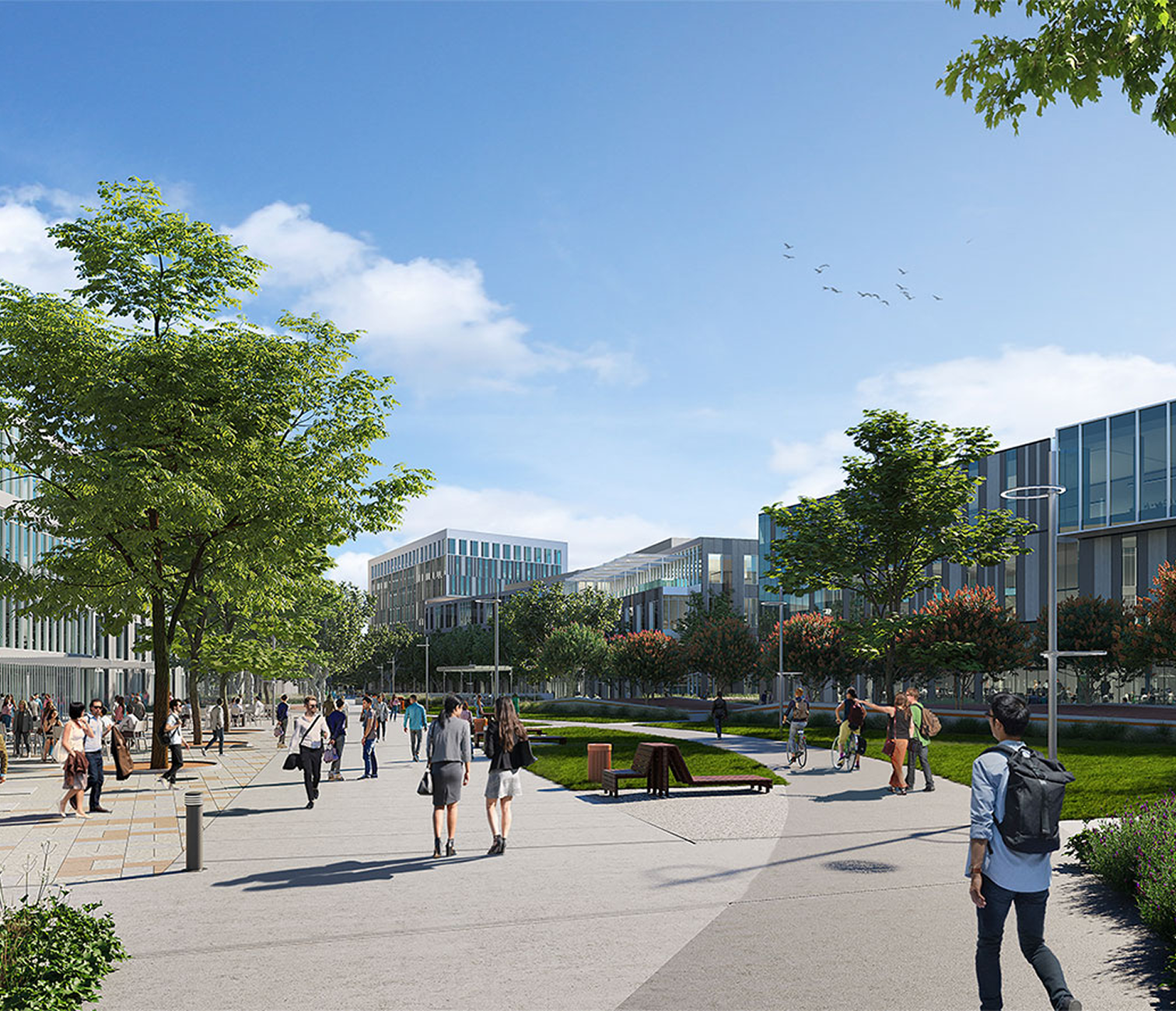 A modern urban park with people walking and biking among trees and benches, surrounded by contemporary office buildings, under a blue sky with some clouds and a flock of birds.