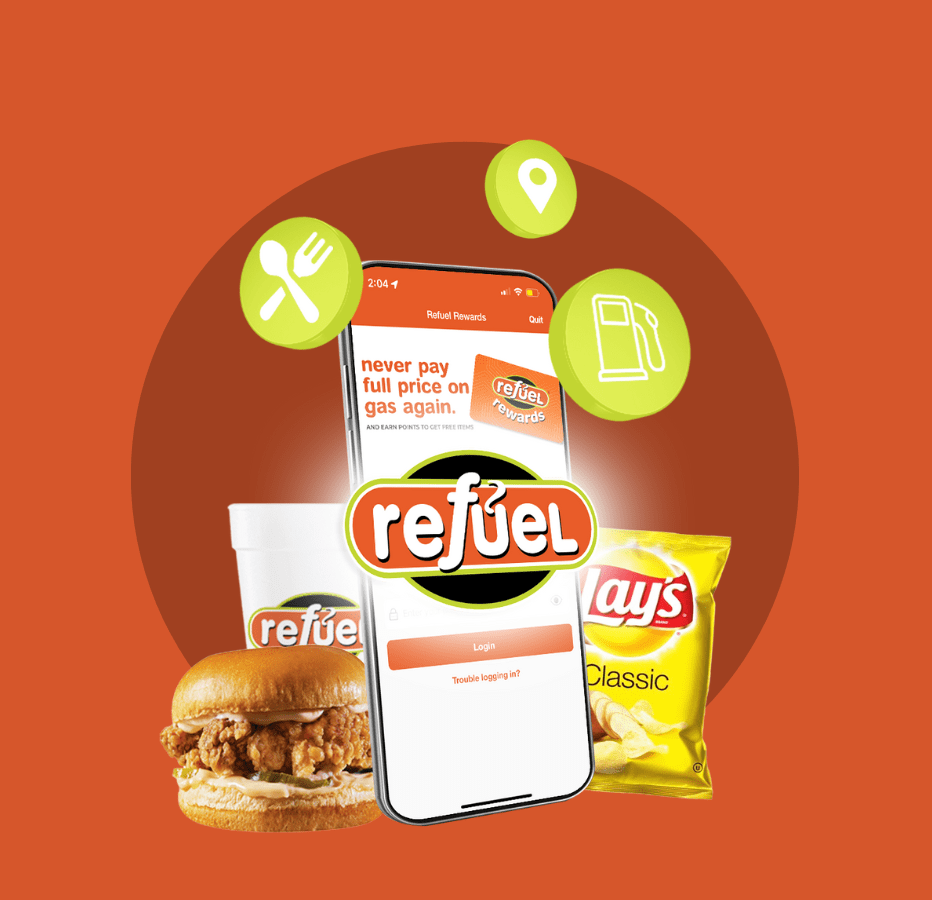 A digital advertisement featuring a smartphone with the ReFuel Rewards app, a chicken sandwich, a cup, a bag of Lay's Classic potato chips, and icons for location, fuel pump, and dining. The background is orange with a circle behind the smartphone and items.