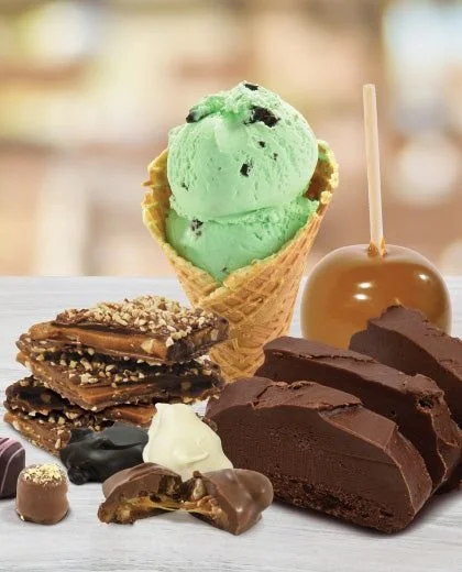 Assorted chocolates, ice cream cone with mint chip ice cream, caramel apple, and chocolate cake slices on a white surface.