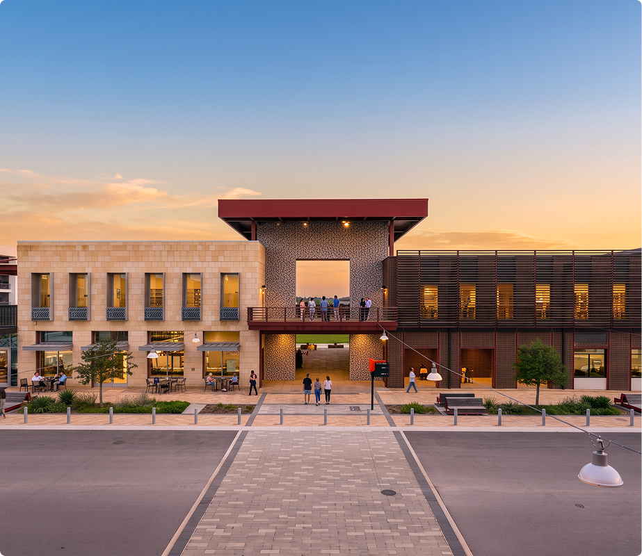 Modern commercial building with an open upper level, people walking and sitting outside, during sunset.