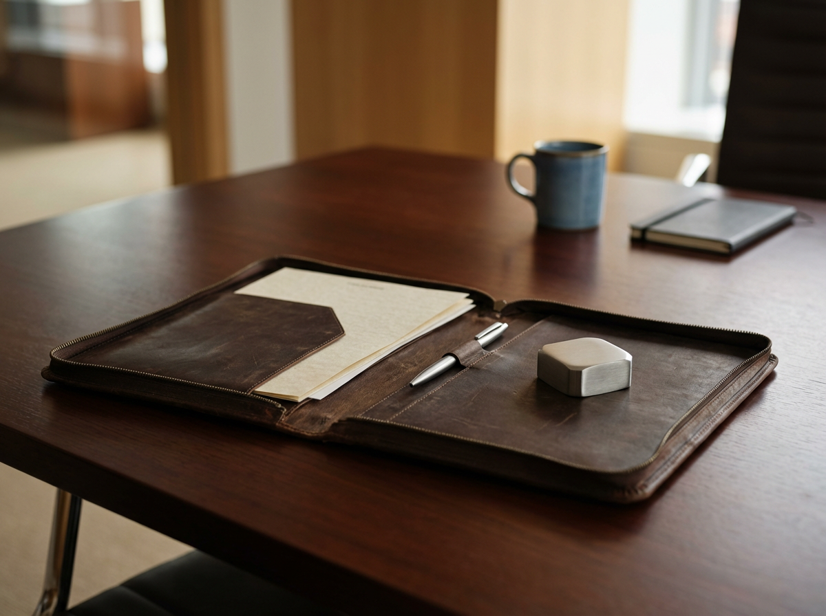 Open leather briefcase with papers and pen inside, on a wooden table with a blue mug, a closed notebook, and a light-colored box in the background.