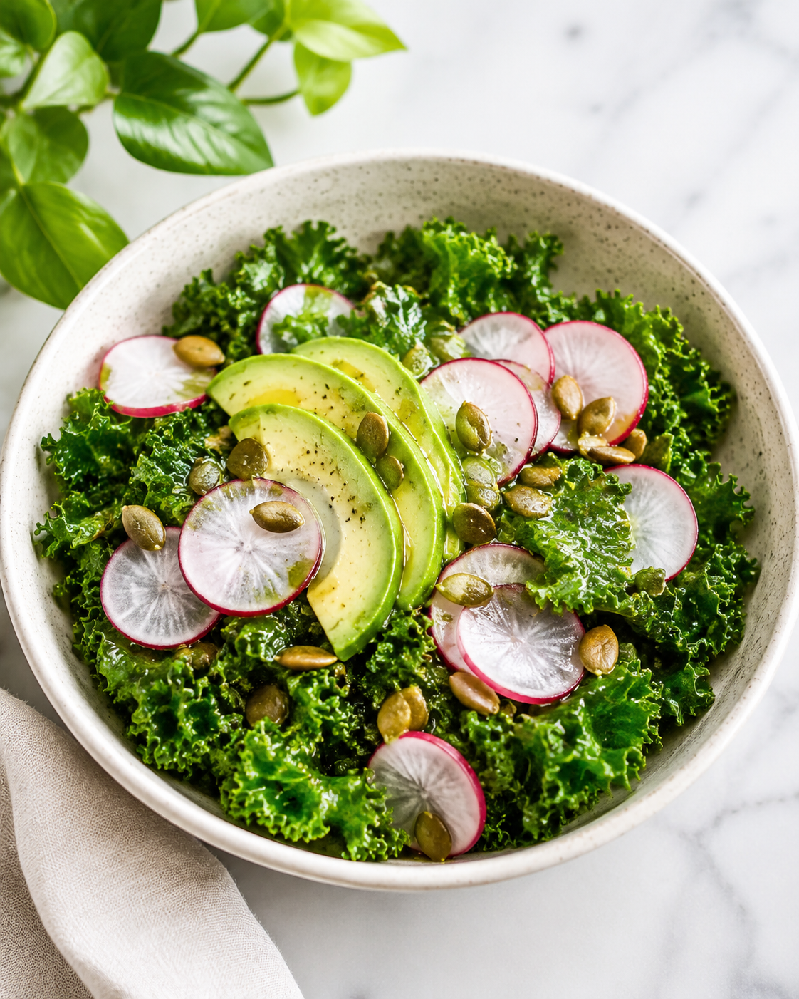 Kale salad with sliced radishes, avocado slices, pumpkin seeds, and a light dressing in a white bowl.