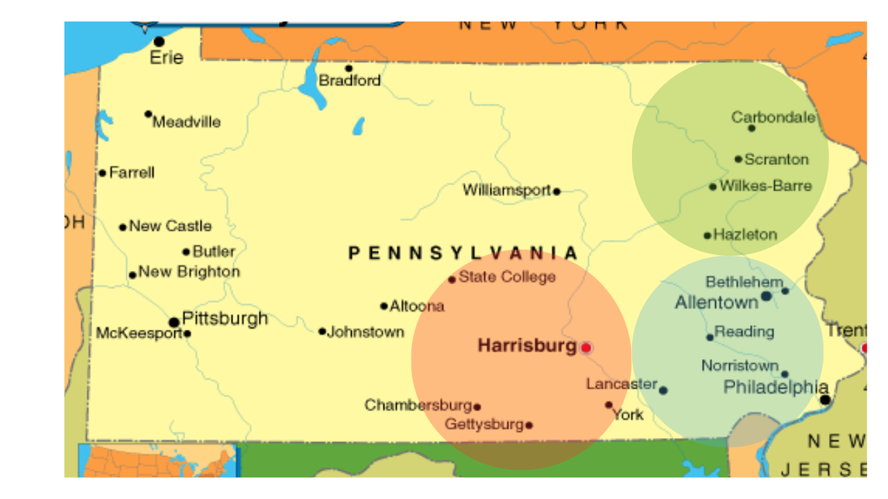 Map of Pennsylvania with marked cities and highlighted regions around Harrisburg, Philadelphia, and northeastern Pennsylvania.