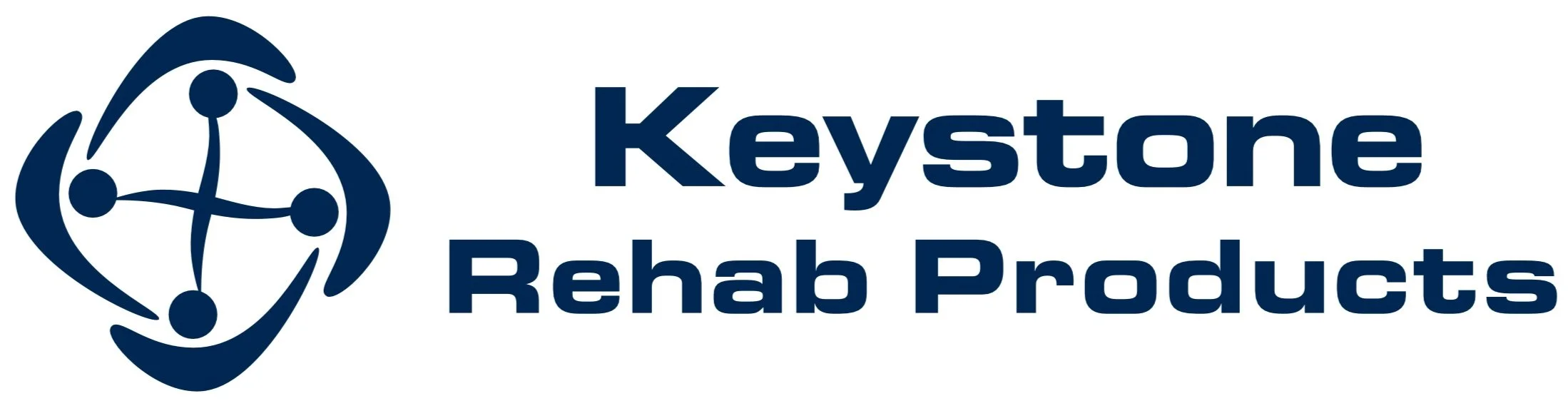Keystone Rehab Products logo featuring a stylized blue network graphic and the company name in bold blue font