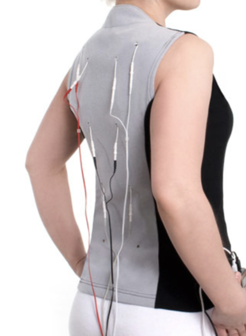 A woman wearing a sleeveless vest connected to multiple medical wires for a diagnostic test.