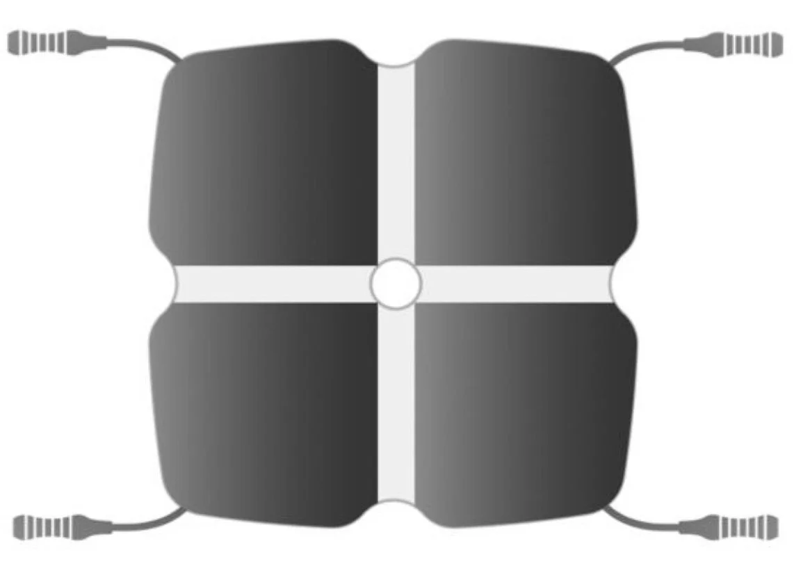 Four black wireless earbuds connected by gray cables, arranged in a square pattern.